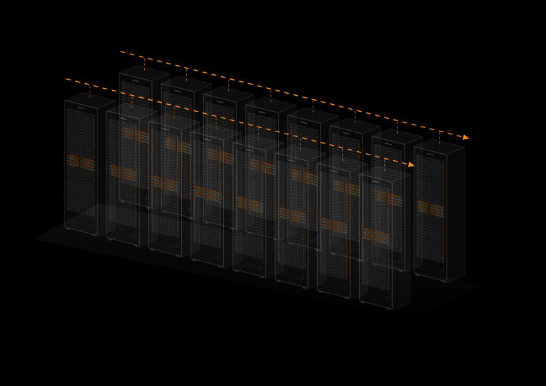 Angled axonometric view of a data-hall pod: two receding rows of eight fully detailed rack cabinets — sixteen racks of thirty-two nodes, 512 nodes — each showing its thirty-two PHOTON-1 compute nodes and glowing SCALE-1 service bands, with shaded cabinet tops and sides for depth; overhead fiber trunks run diagonally above each row with dashed drops into every rack